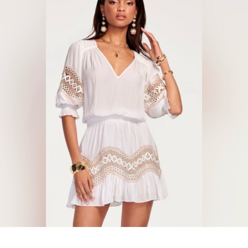 Ramy Brook White Barney Puff Sleeve Gathered Bodice Mini Dress